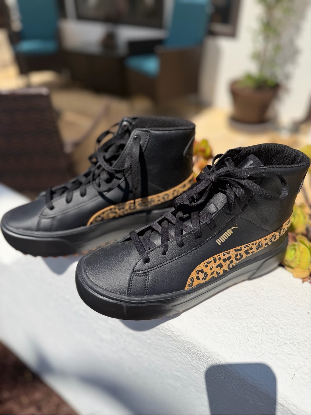 PUMA Women's Kaia Black mid High-Top Sneakers with animal Leopard Accent